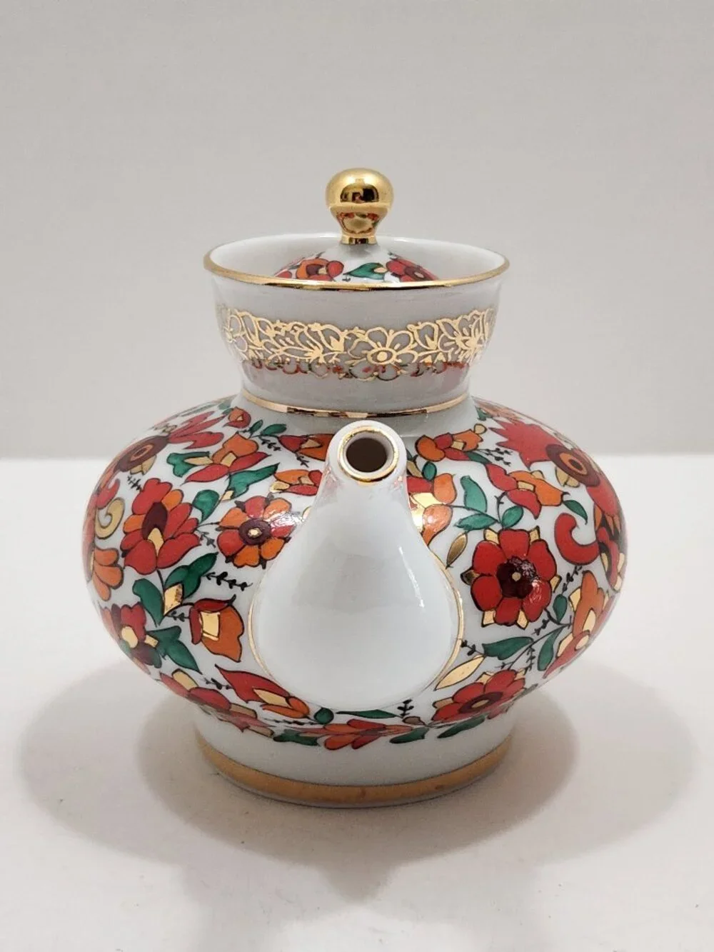 Vintage Lomonosov LFZ USSR Porcelain Red Rooster Teapot Malysh Shape Hand Painte
